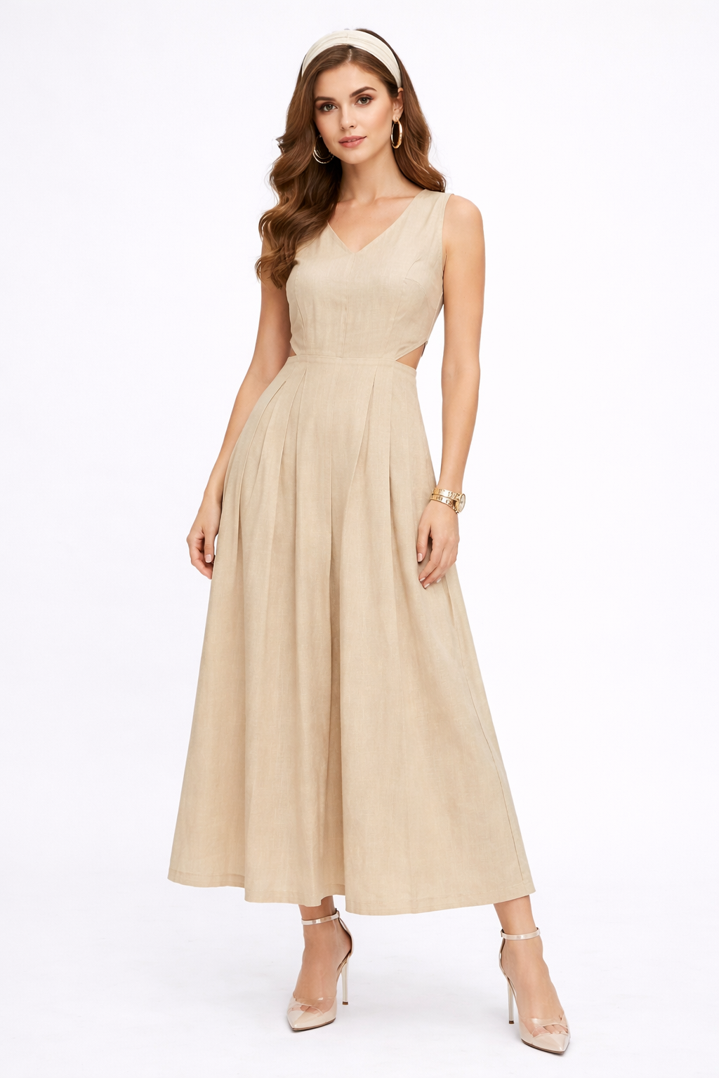 Beige Poplin Maxi Dress with Half Sleeve Design