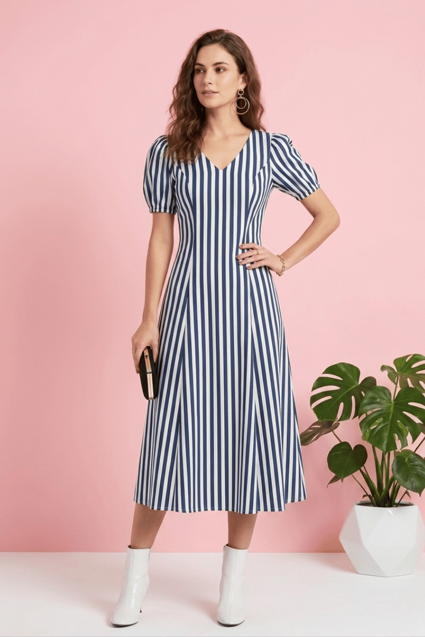 Blue and White Striped Maxi Dress
