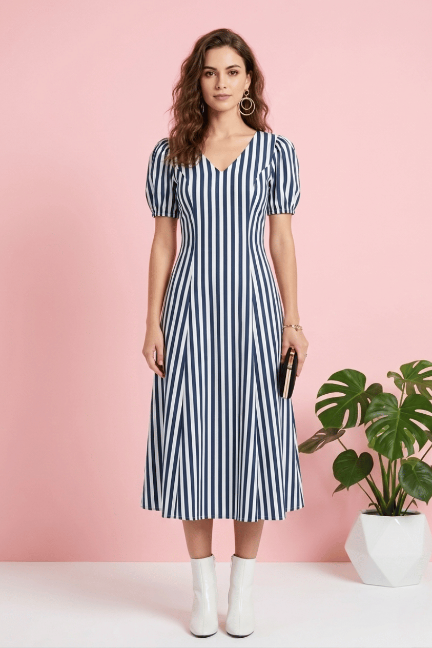Blue and White Striped Maxi Dress