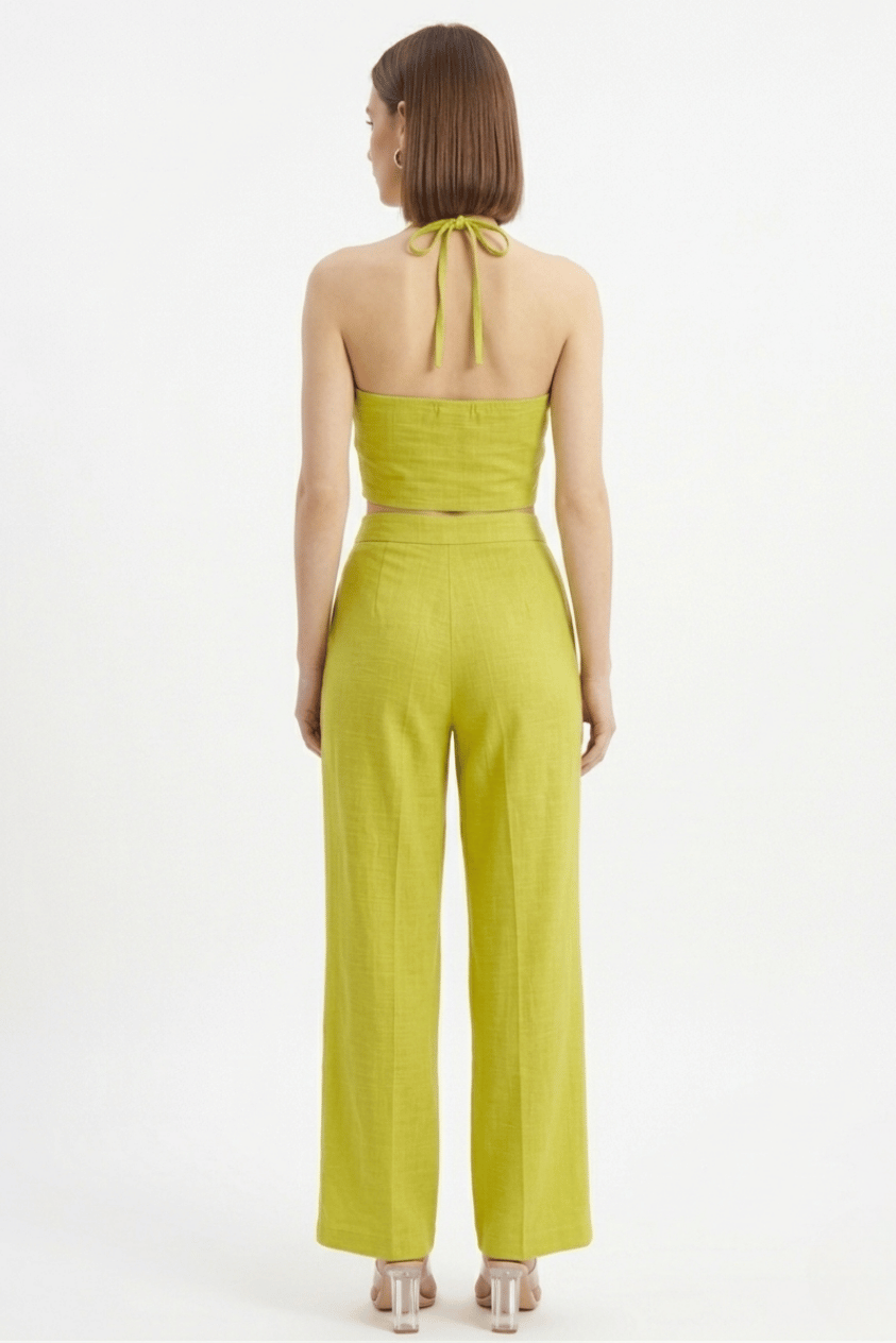 Lime Green Halter Neck Top with Straight Pants Set.