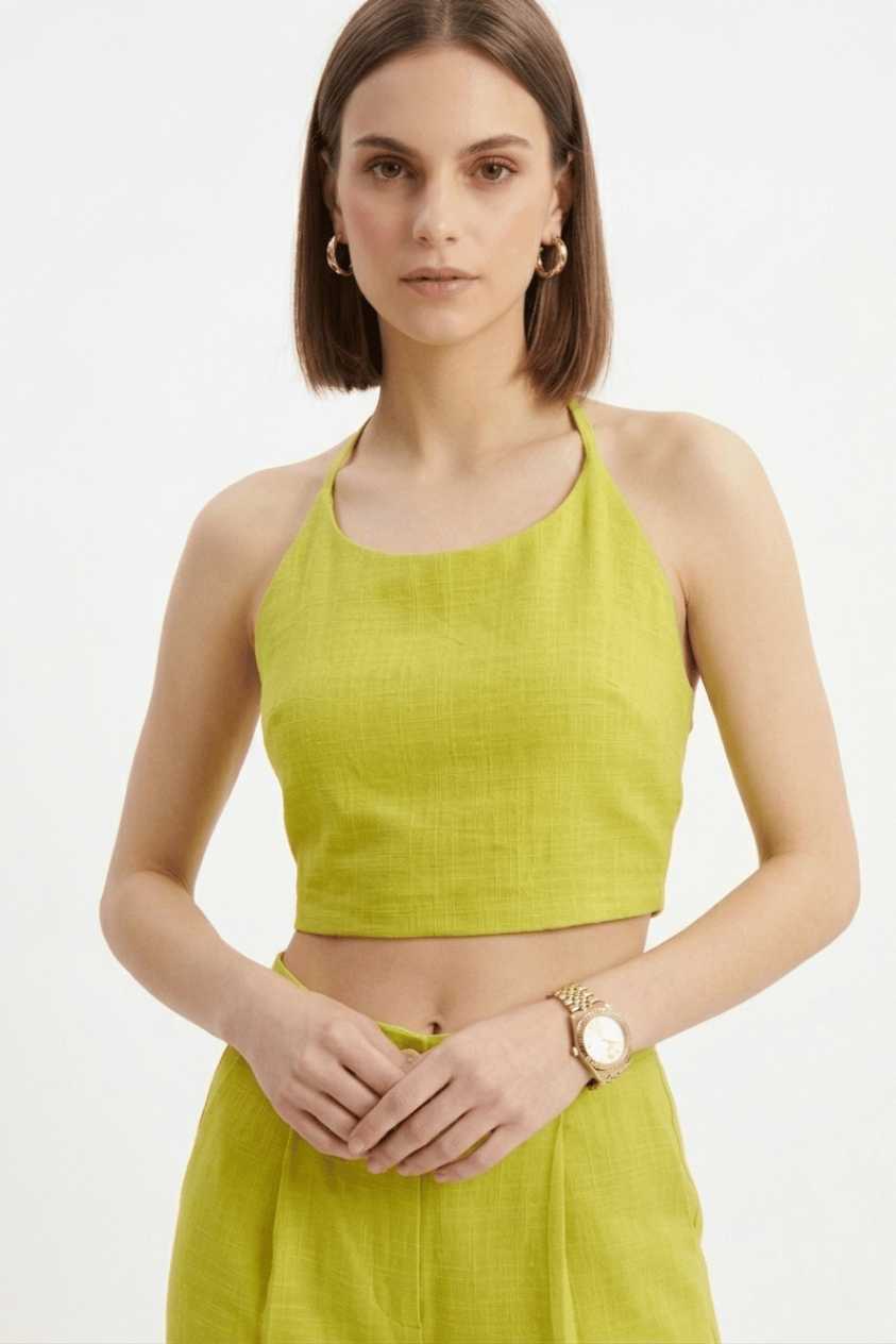 Lime Green Halter Neck Top with Straight Pants Set.