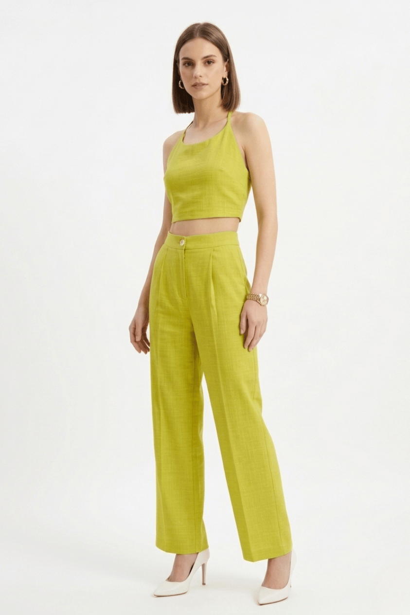 Lime Green Halter Neck Top with Straight Pants Set.