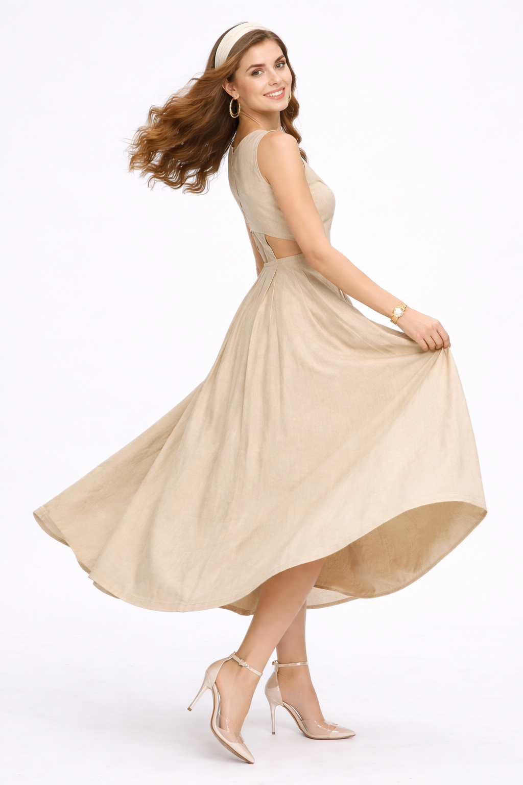 Beige Poplin Maxi Dress with Half Sleeve Design