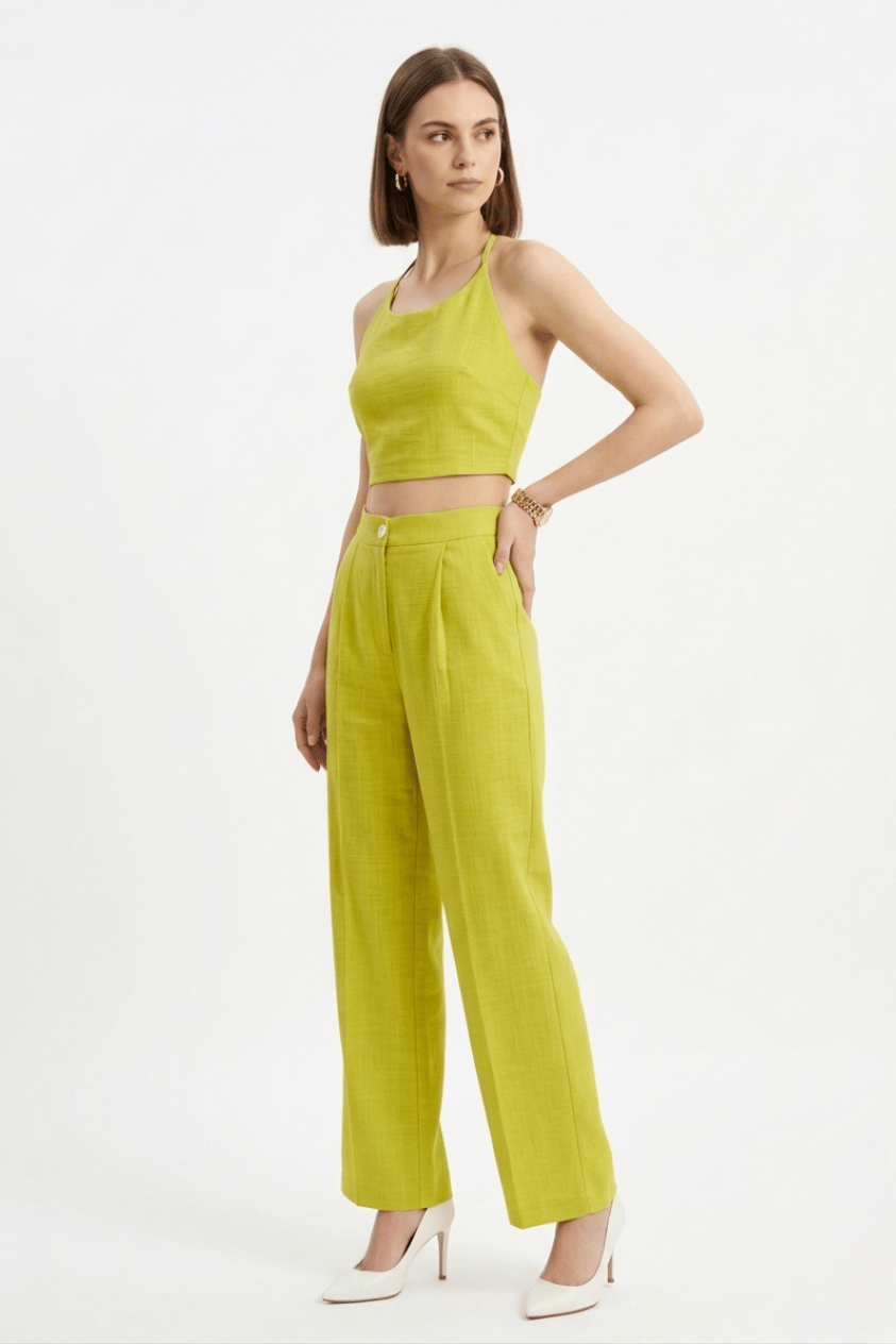 Lime Green Halter Neck Top with Straight Pants Set.