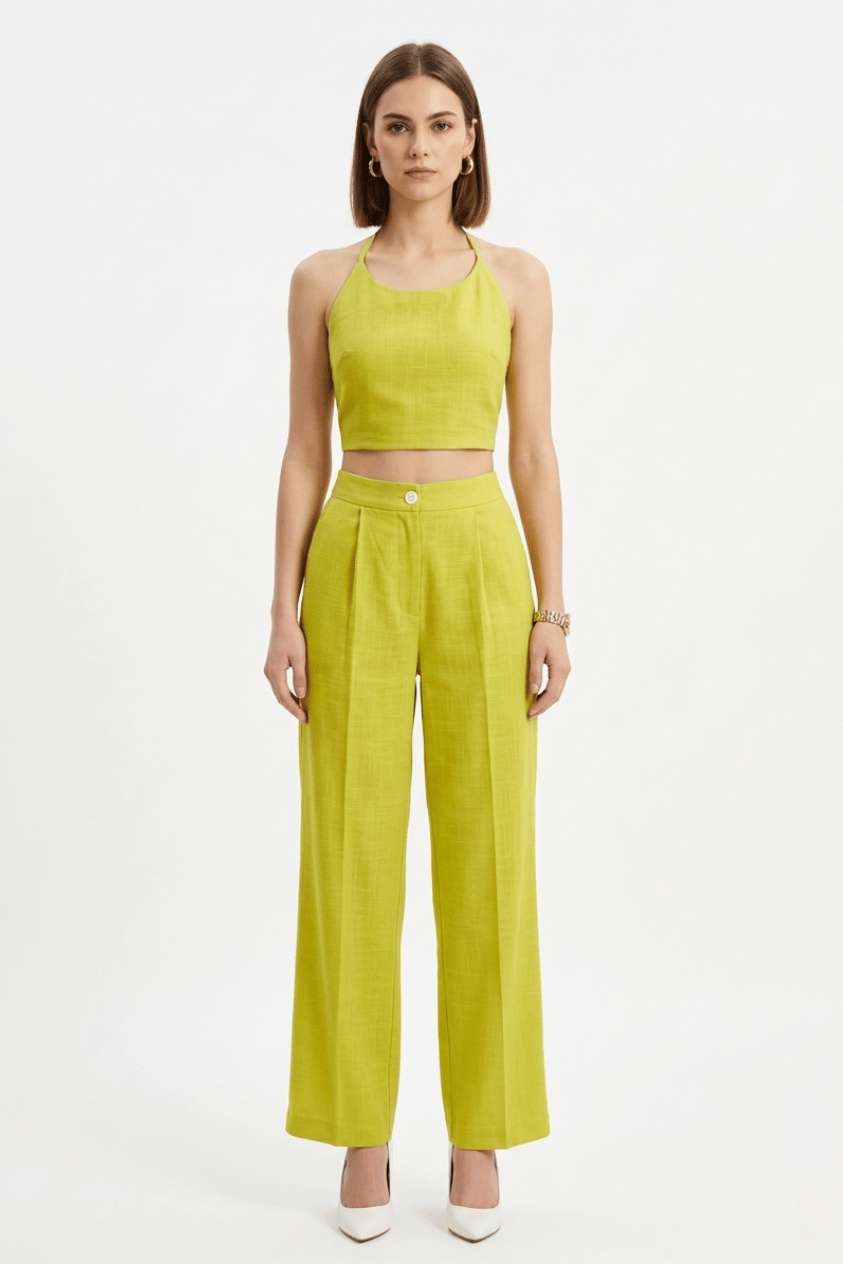 Lime Green Halter Neck Top with Straight Pants Set.