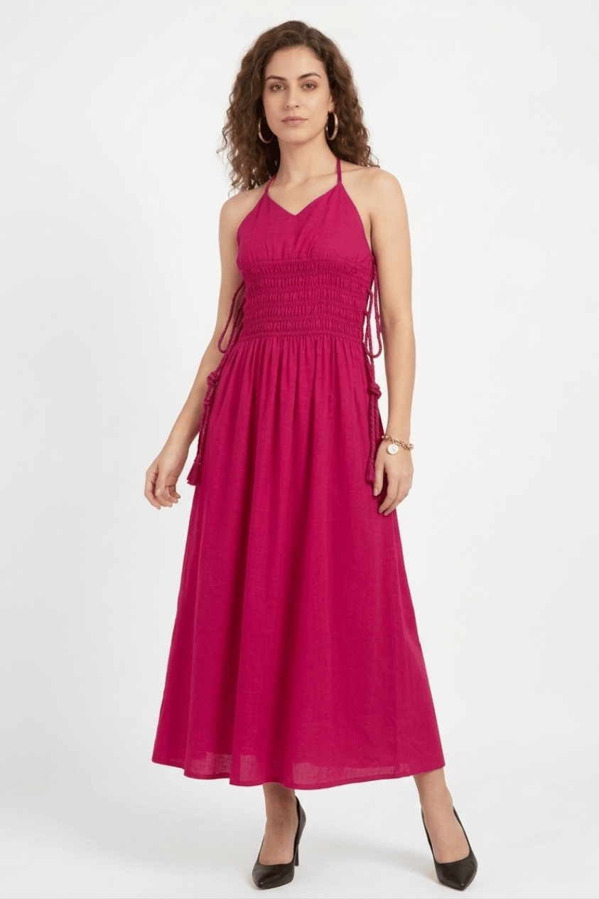 Deep V-Neck Cut Mid Runch Maxi Dress.