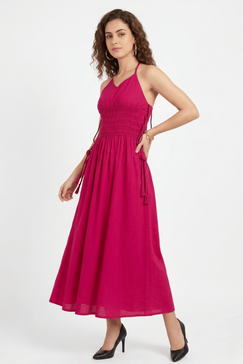 Deep V-Neck Cut Mid Runch Maxi Dress.