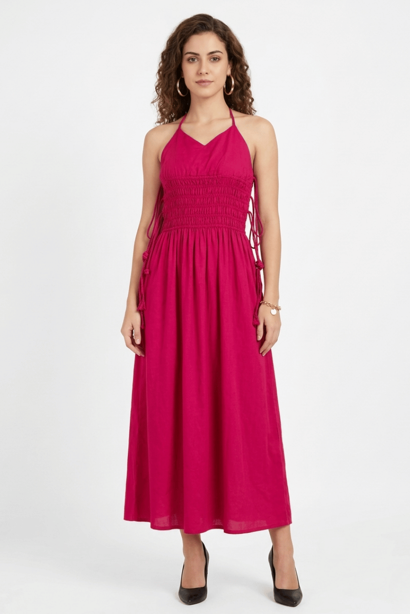 Deep V-Neck Cut Mid Runch Maxi Dress.