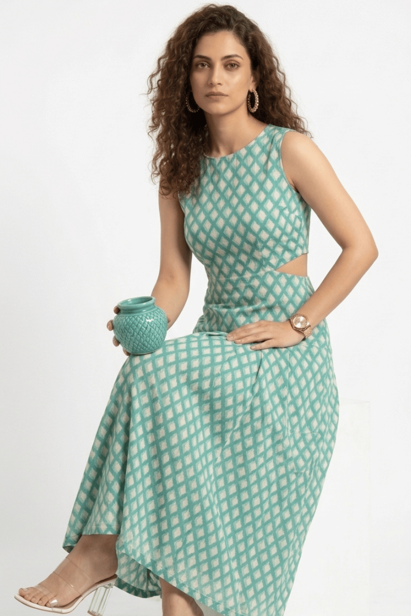 Green Geometric Print Cut-Out Maxi Dress