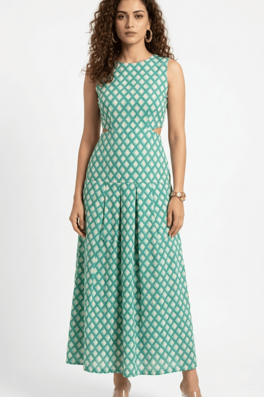 Green Geometric Print Cut-Out Maxi Dress