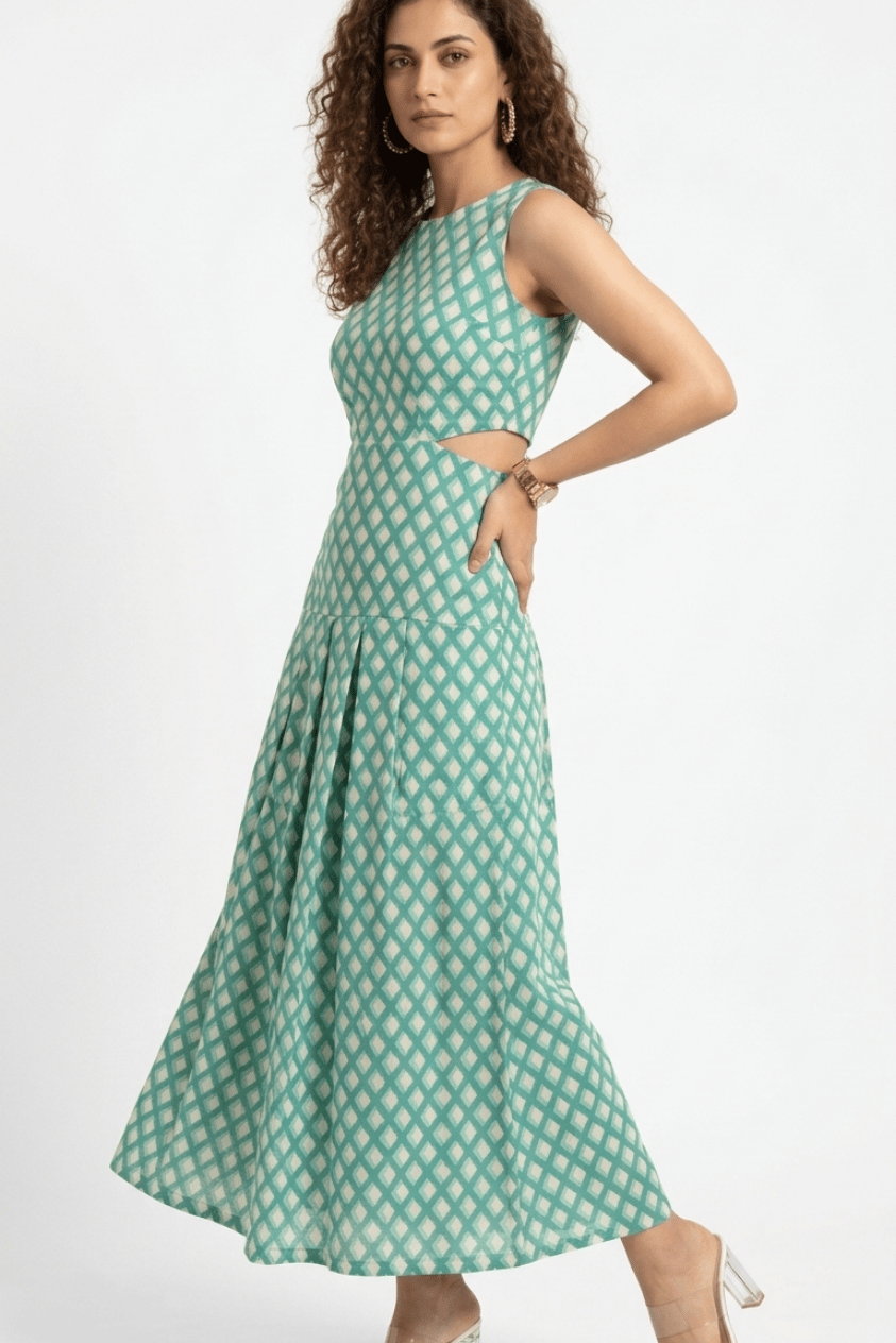 Green Geometric Print Cut-Out Maxi Dress