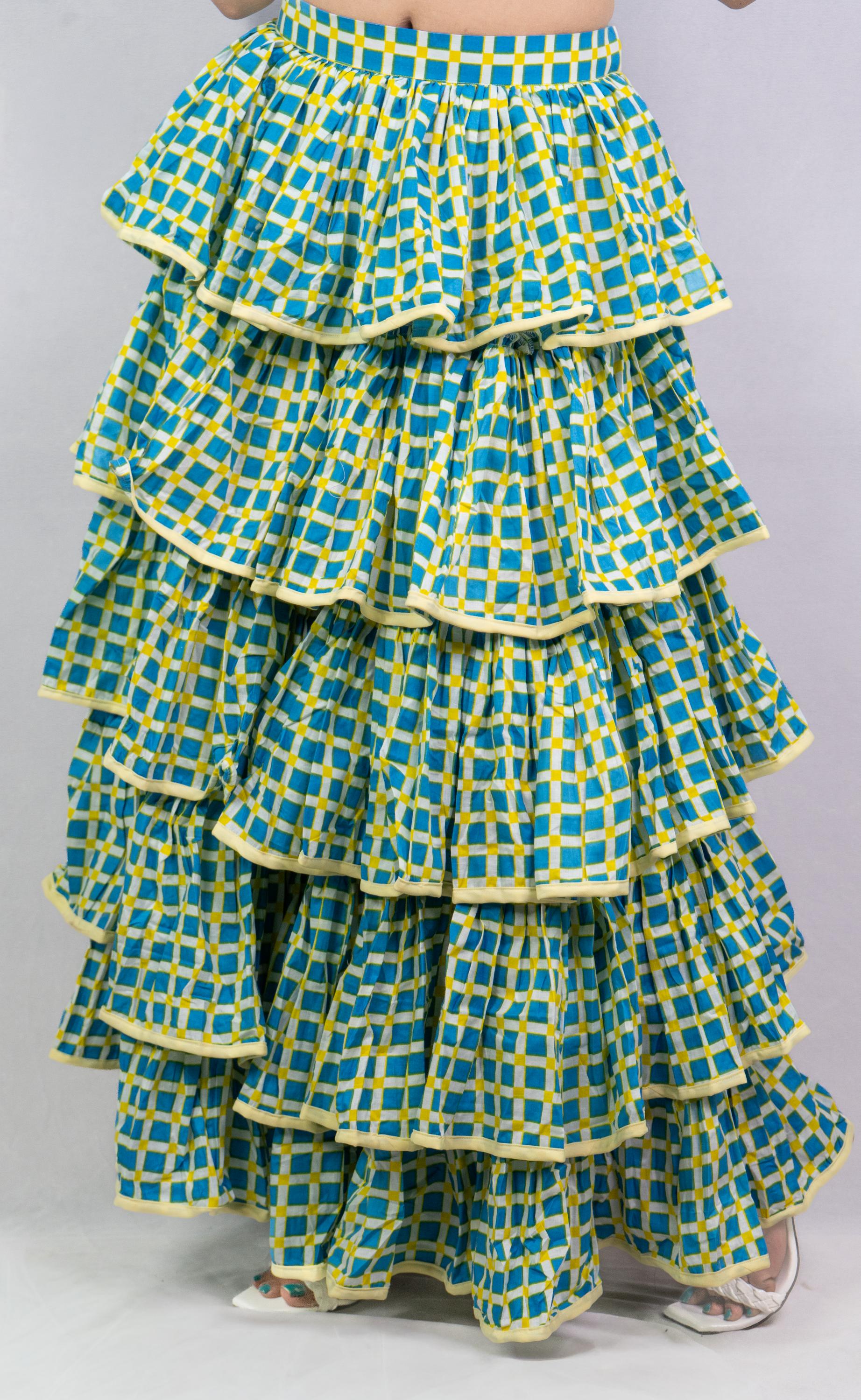 Blue Checkerred Bustier with Layered Ruffle Skirt Set