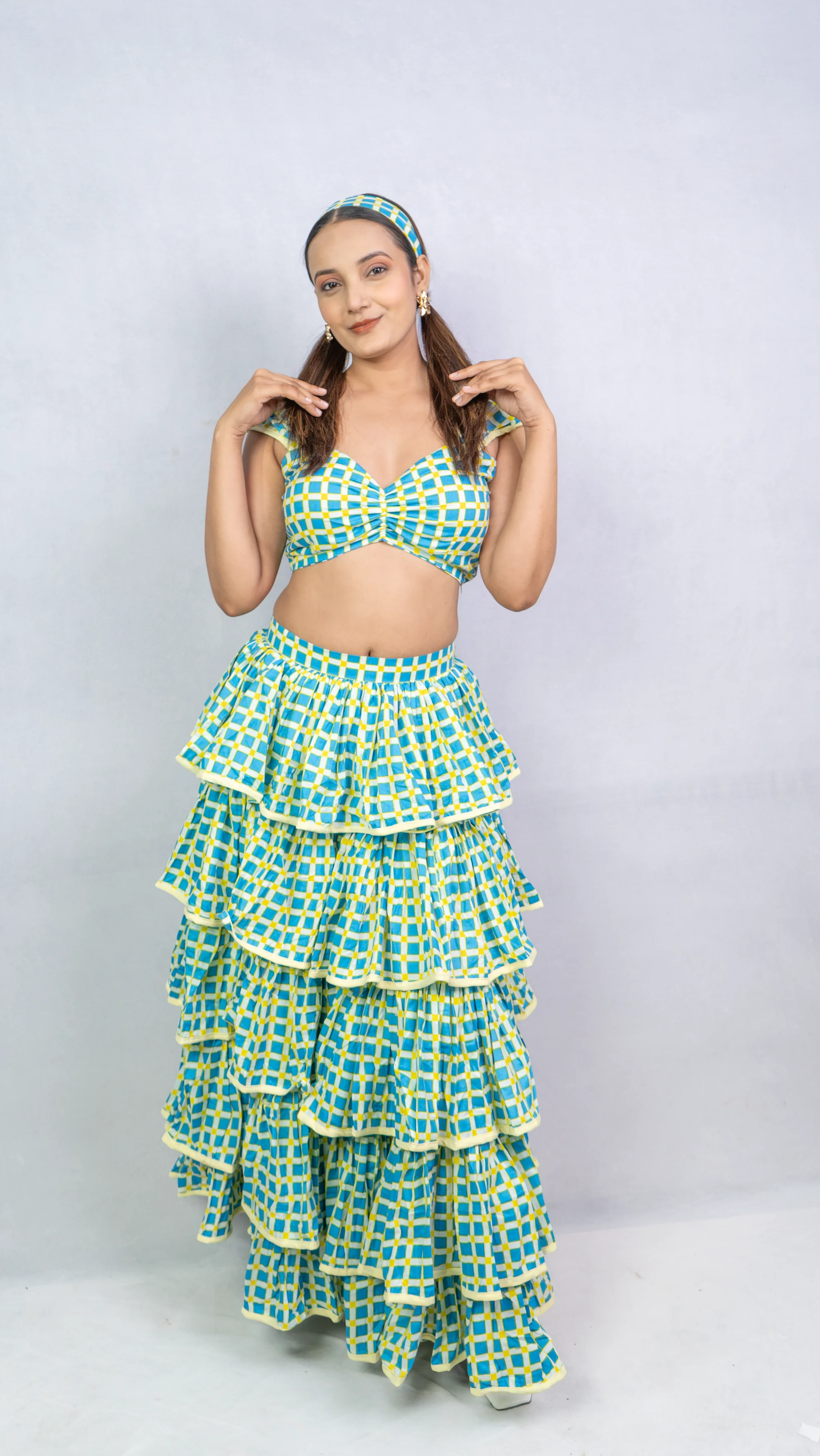 Blue Checkerred Bustier with Layered Ruffle Skirt Set