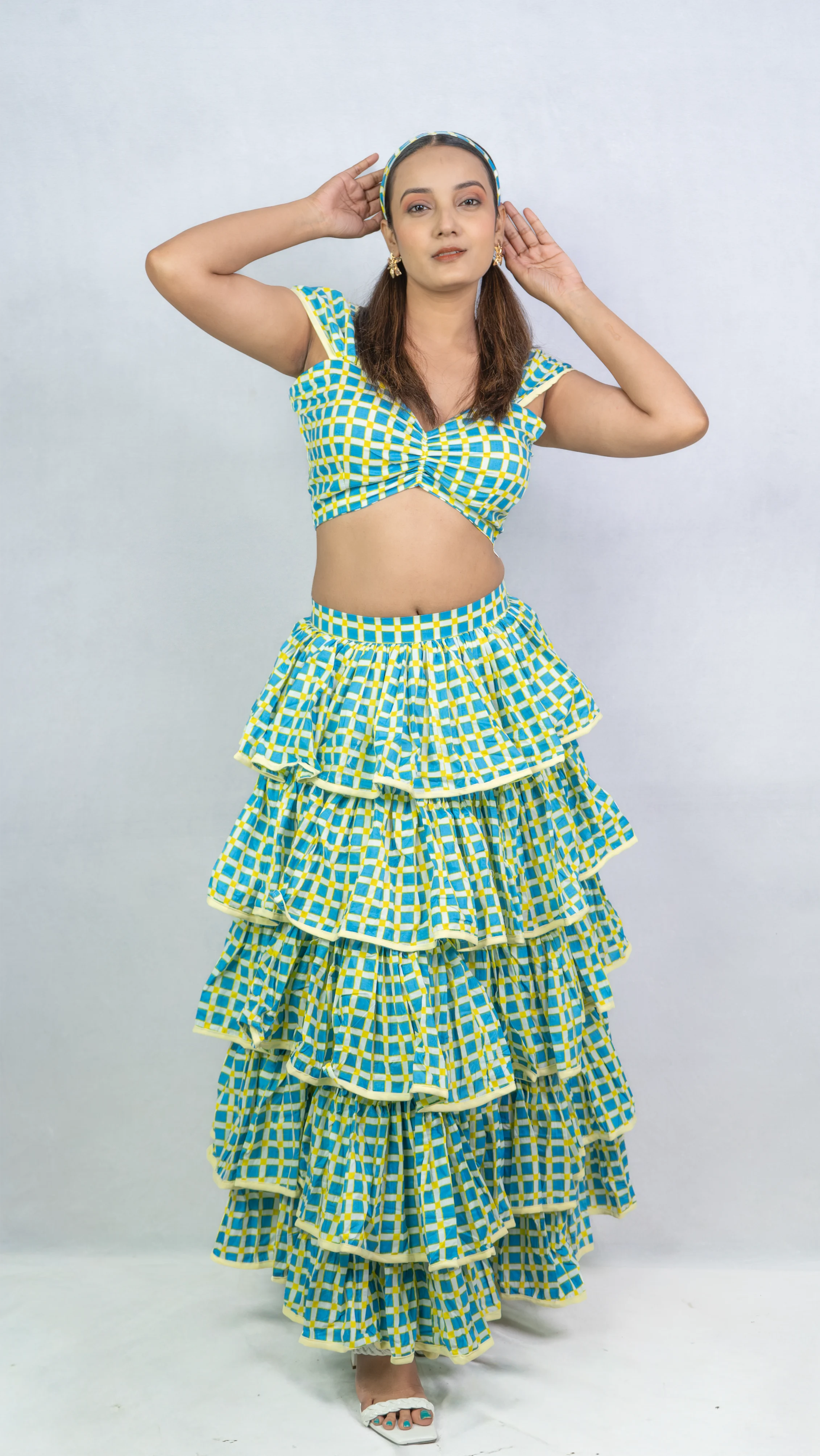 Blue Checkerred Bustier with Layered Ruffle Skirt Set