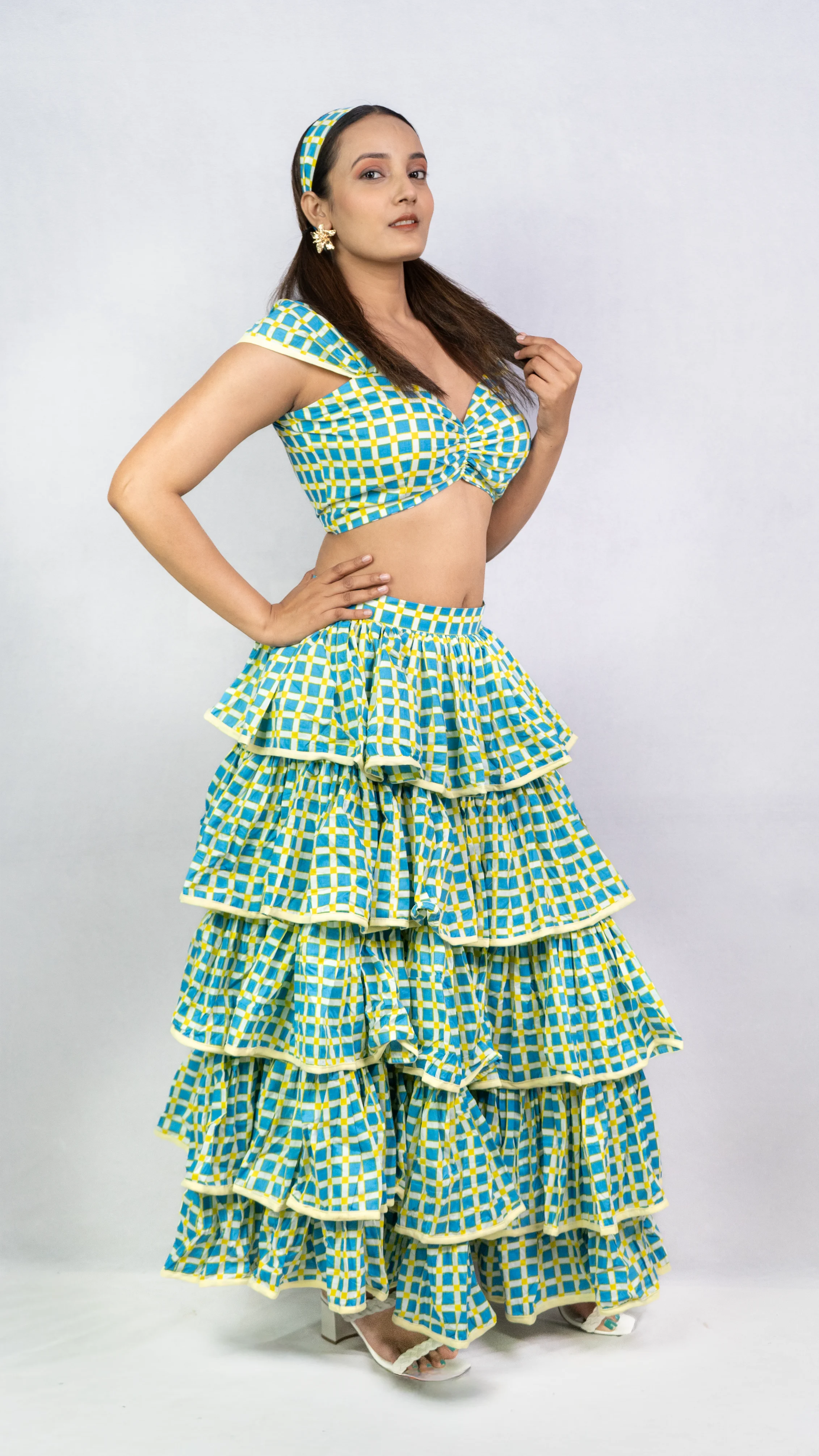 Blue Checkerred Bustier with Layered Ruffle Skirt Set