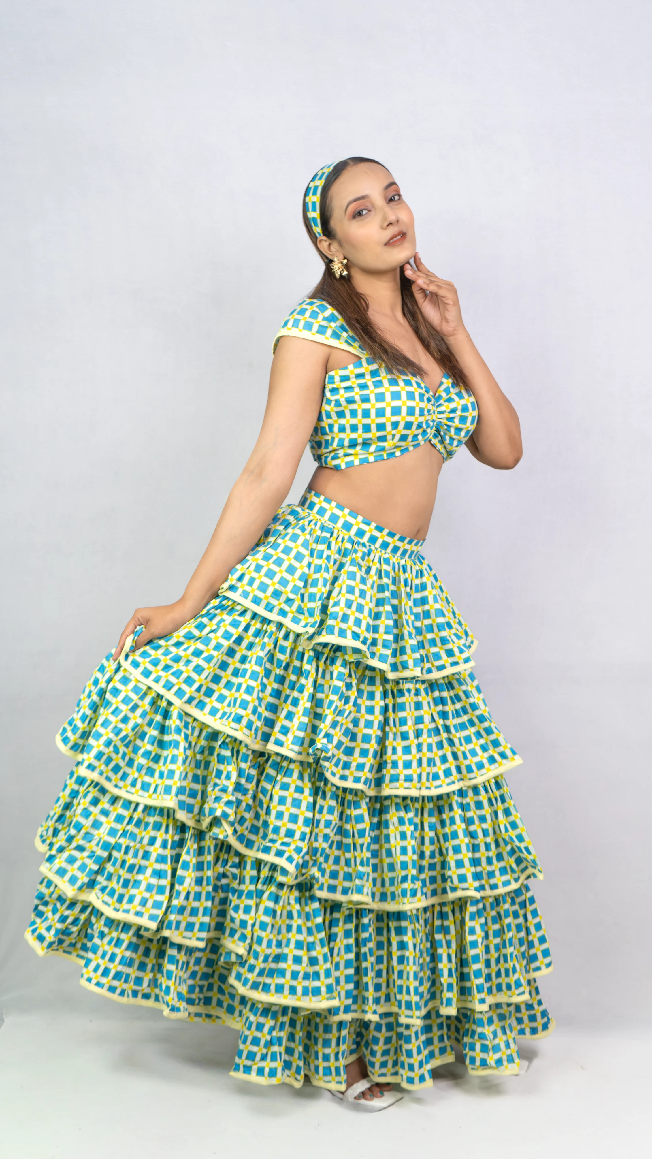 Blue Checkerred Bustier with Layered Ruffle Skirt Set