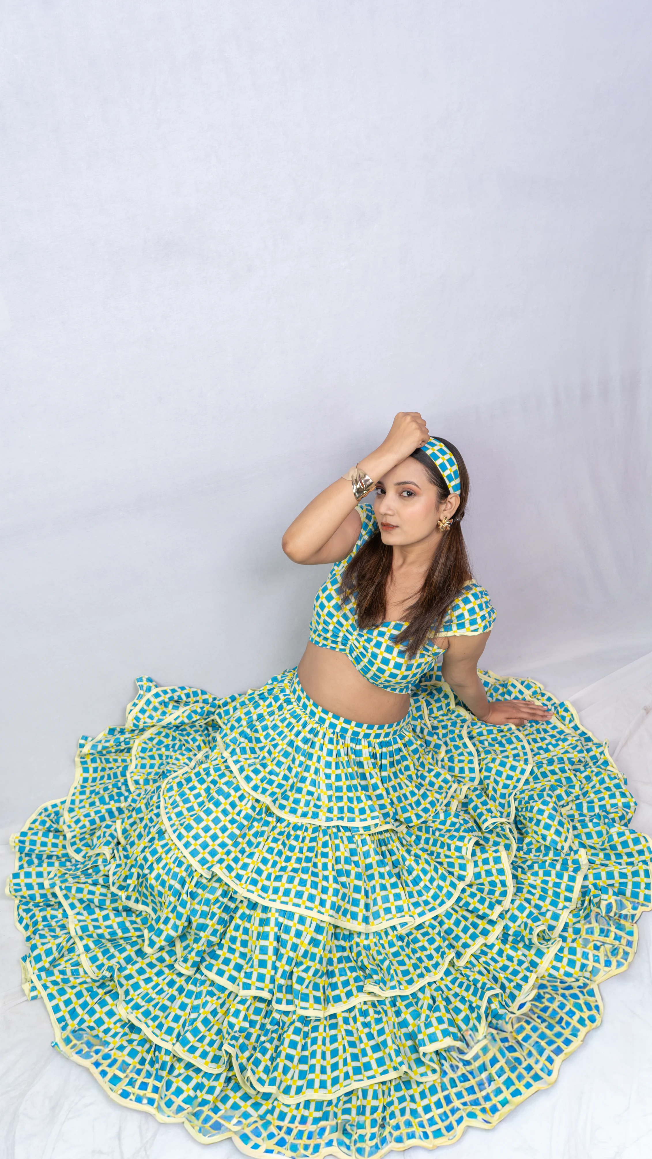 Blue Checkerred Bustier with Layered Ruffle Skirt Set