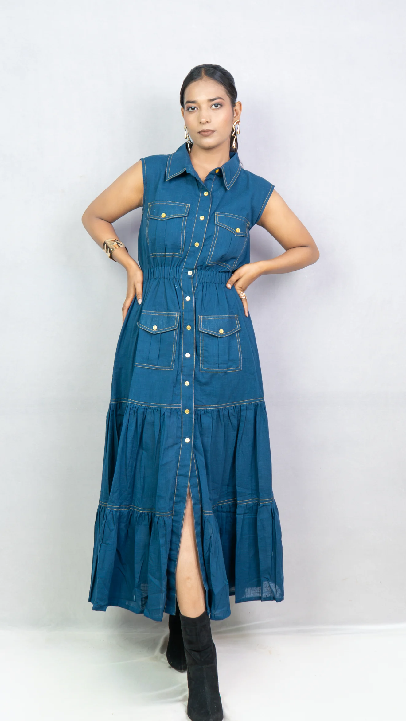 Sleeveless blue collared tier shirt maxi dress