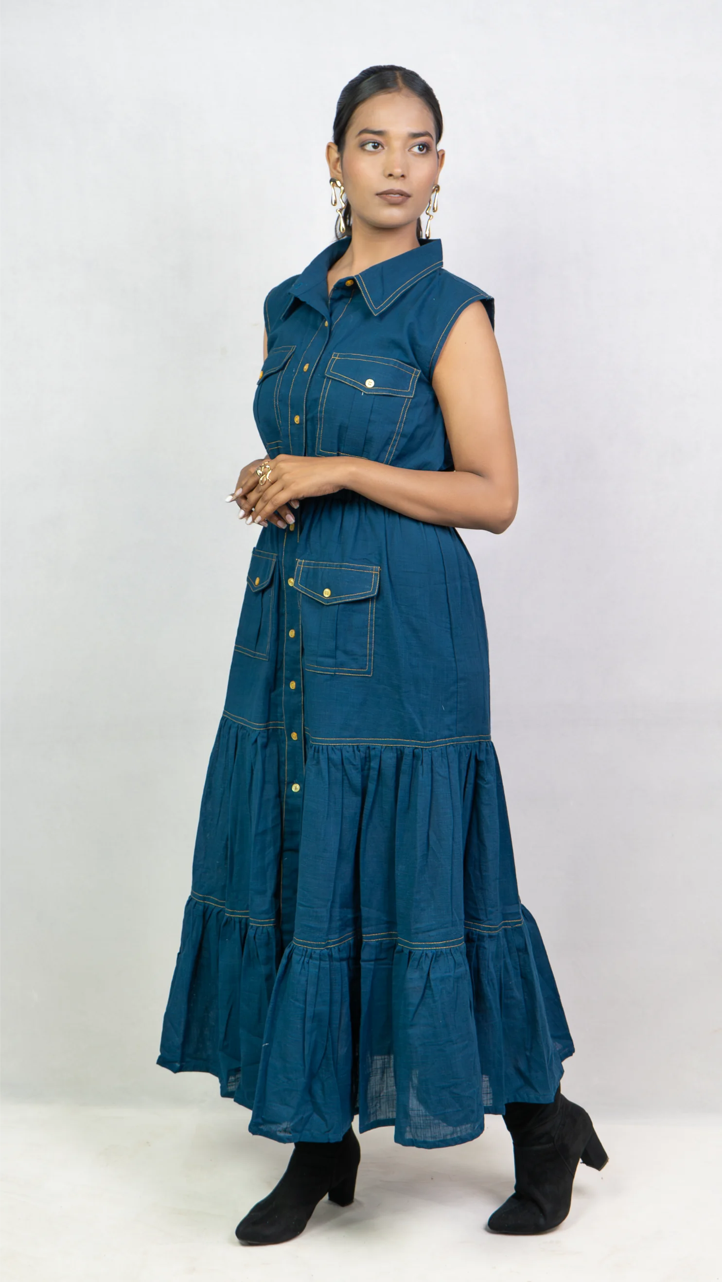 Sleeveless blue collared tier shirt maxi dress