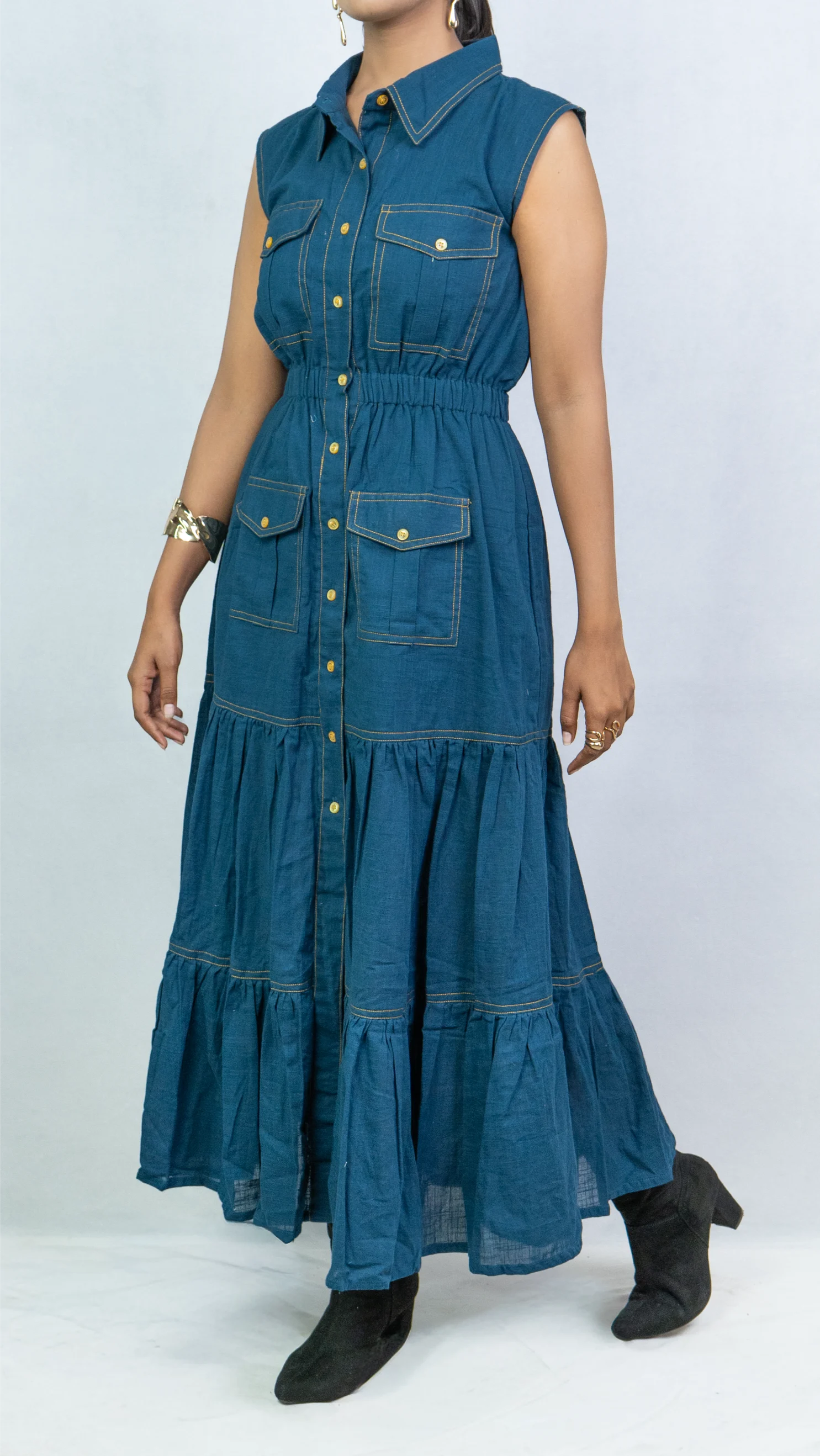 Sleeveless blue collared tier shirt maxi dress