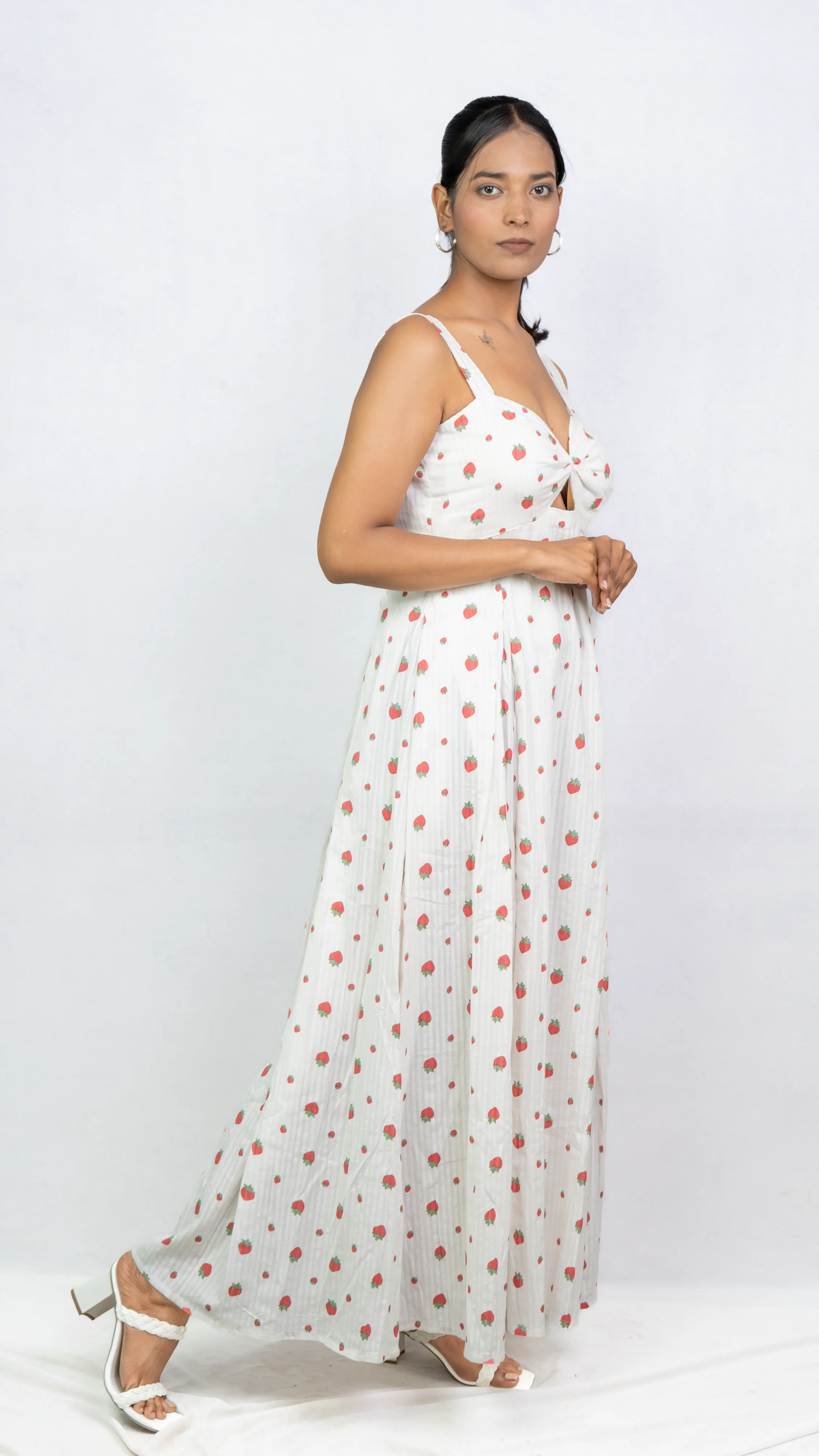 Strawberry Printed Sweetheart Neck Maxi Dress.