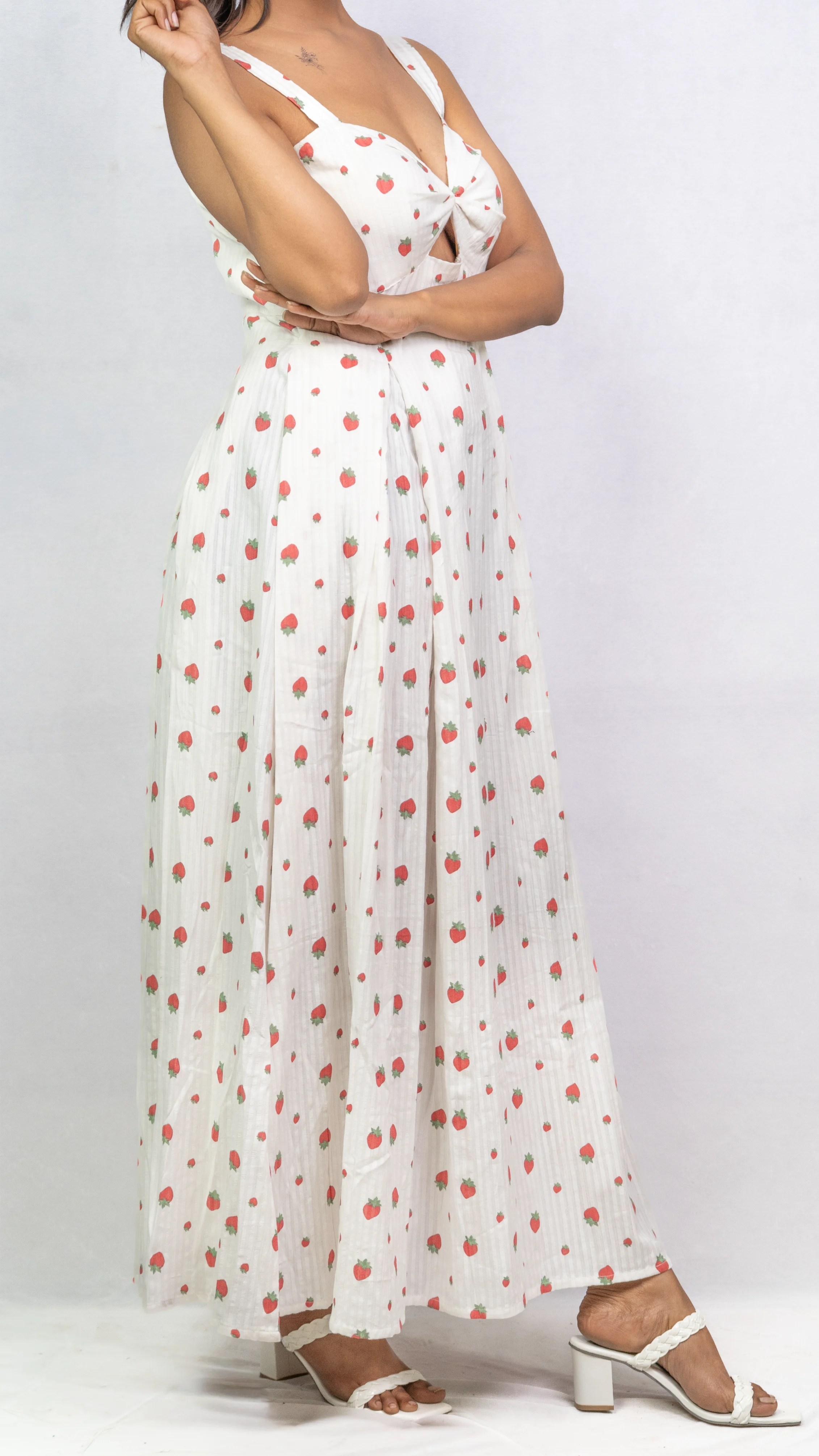 Strawberry Printed Sweetheart Neck Maxi Dress.