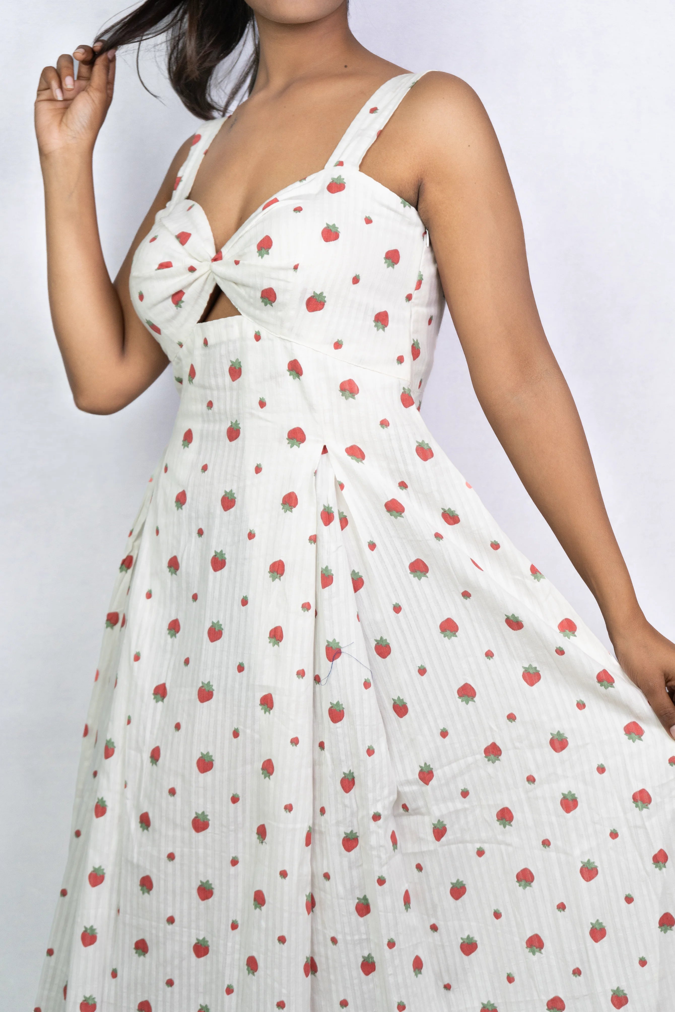 Strawberry Printed Sweetheart Neck Maxi Dress.