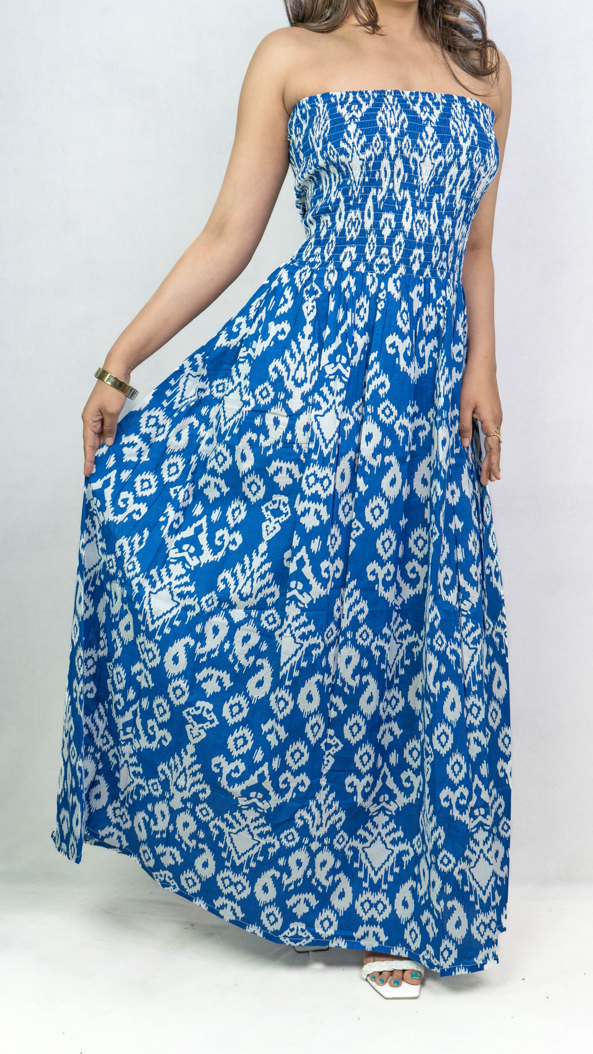 Blue & White Ikat Printed Smocked Maxi Dress.