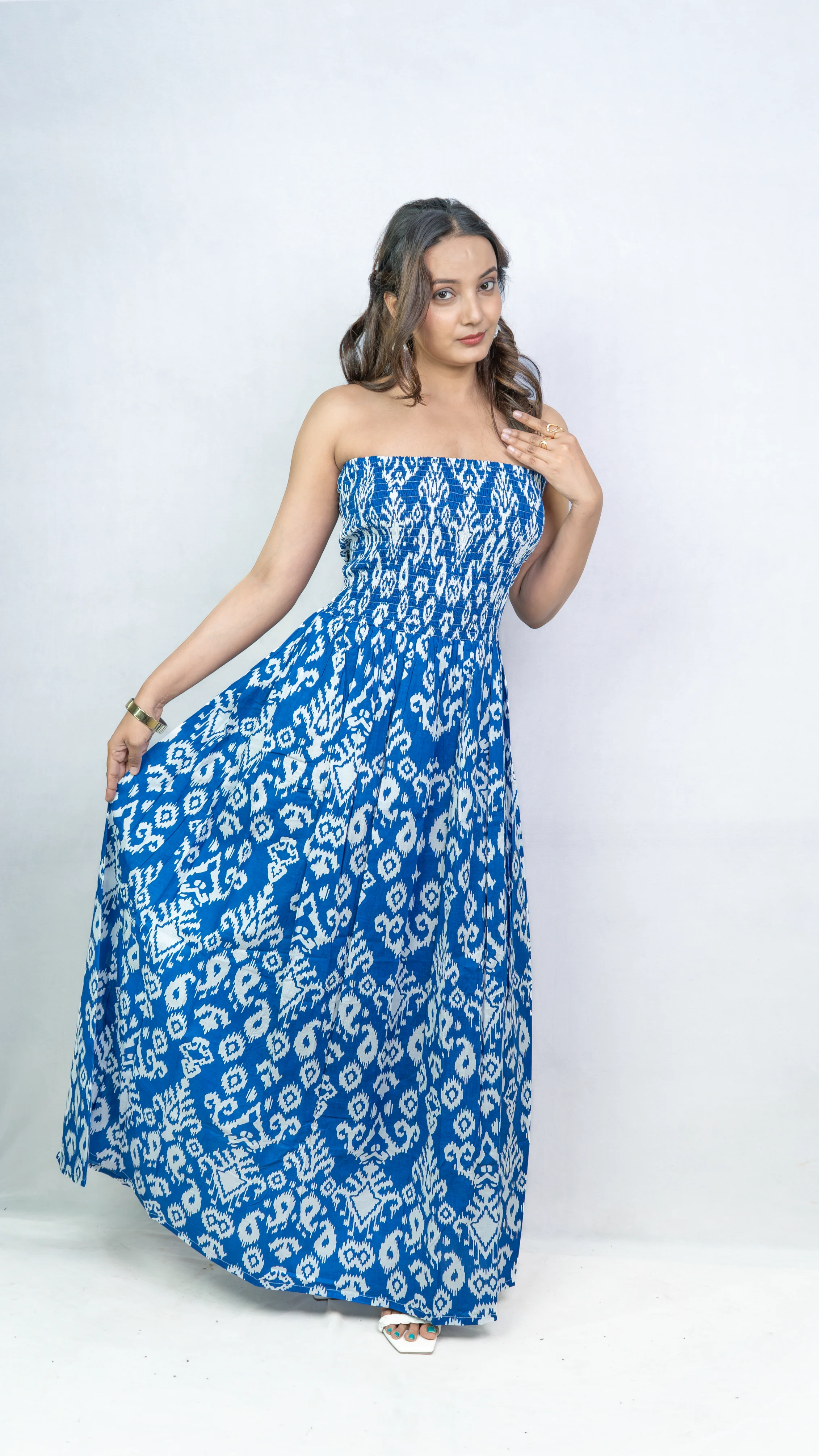 Blue & White Ikat Printed Smocked Maxi Dress.