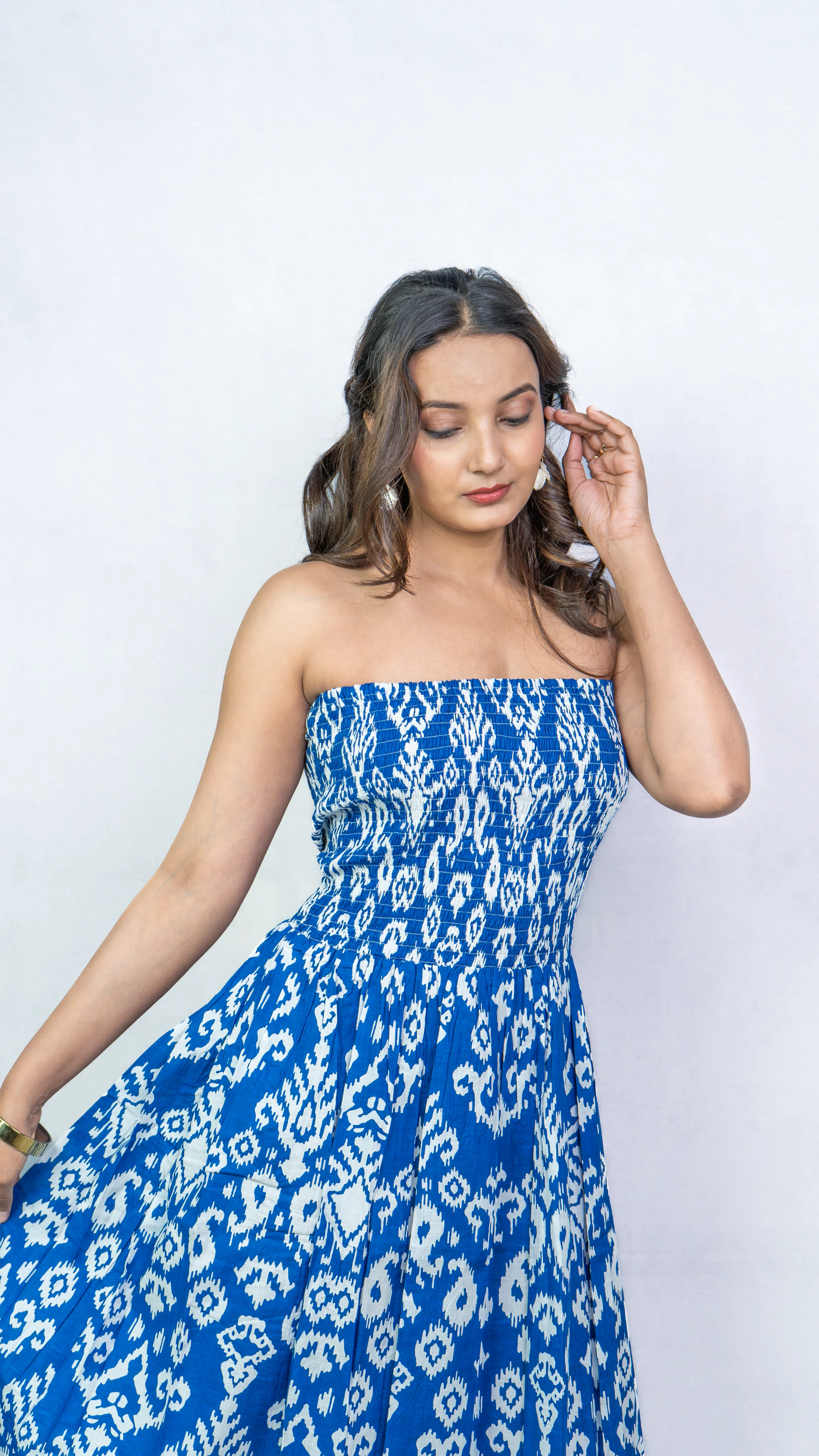 Blue & White Ikat Printed Smocked Maxi Dress.