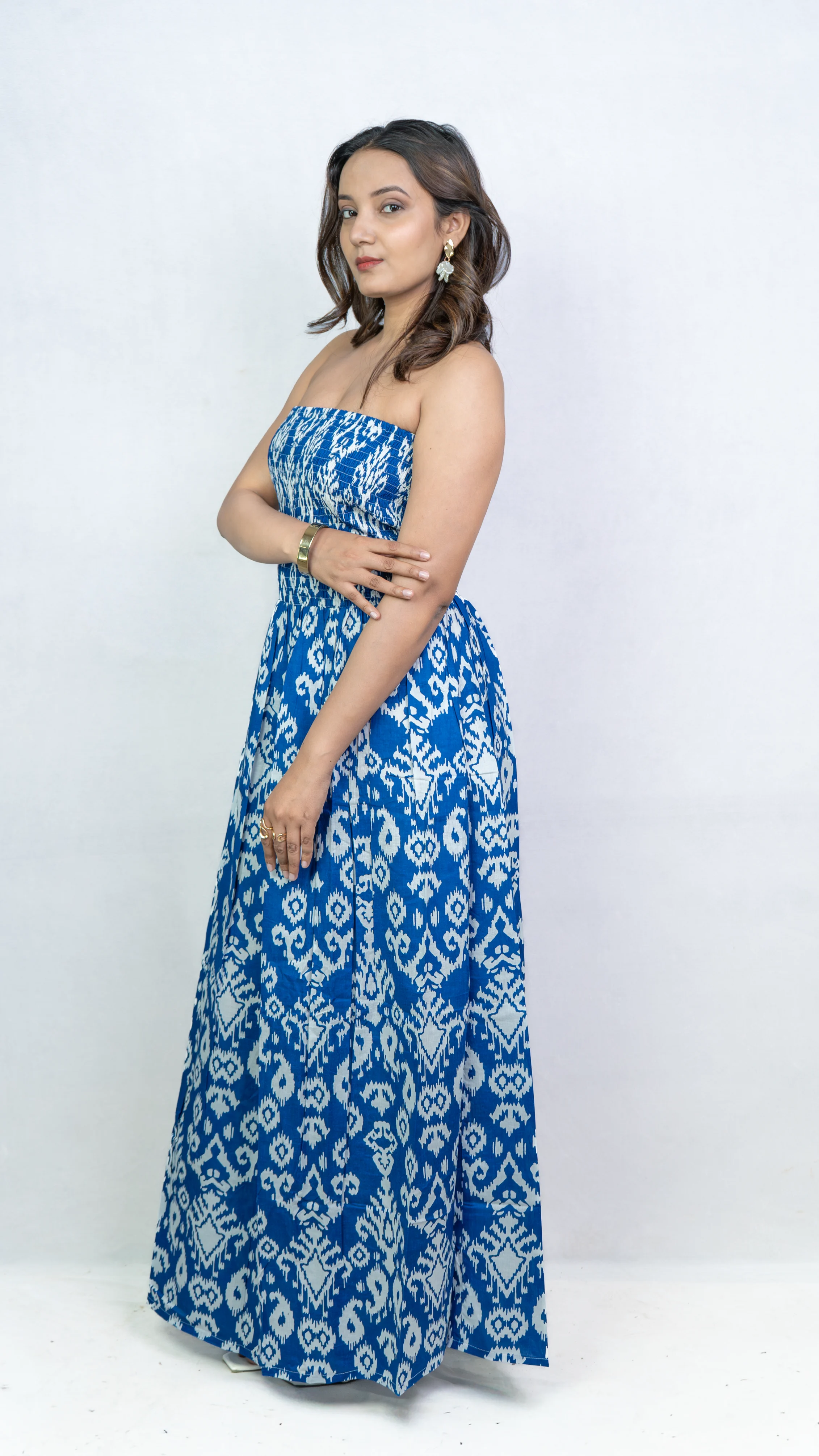 Blue & White Ikat Printed Smocked Maxi Dress.