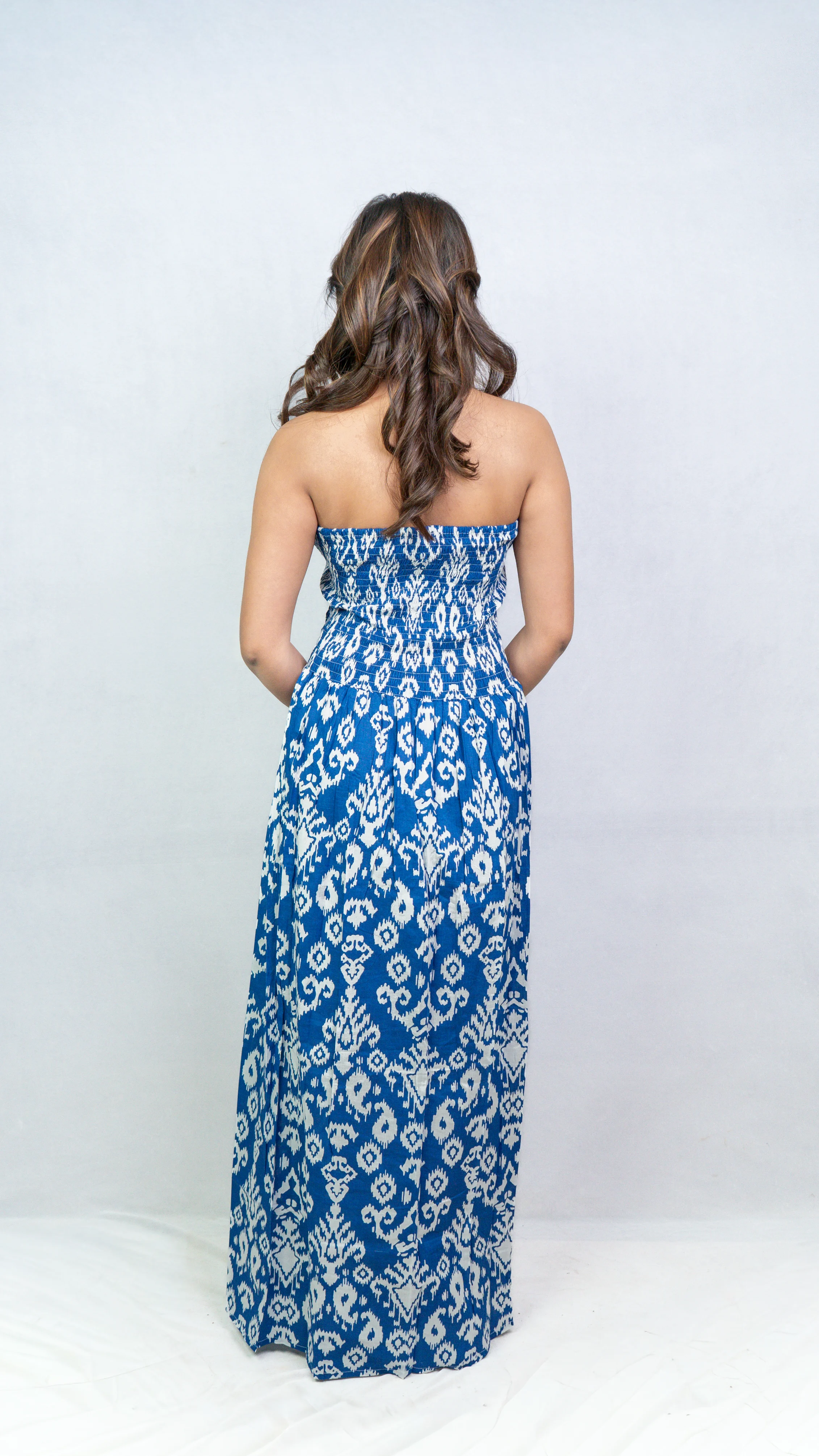 Blue & White Ikat Printed Smocked Maxi Dress.