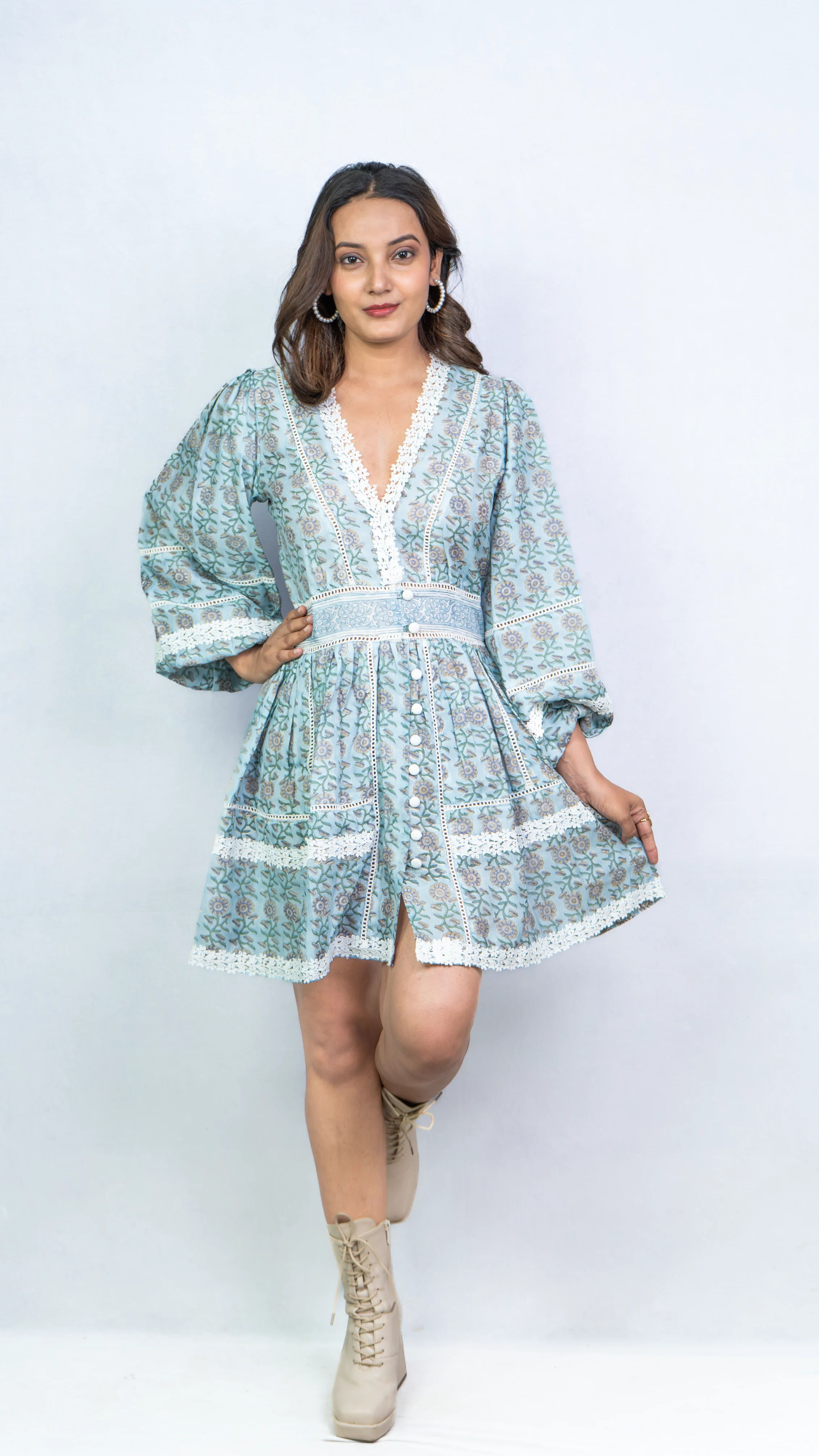 Teal Floral Printed Lace Bordered Mini Dress