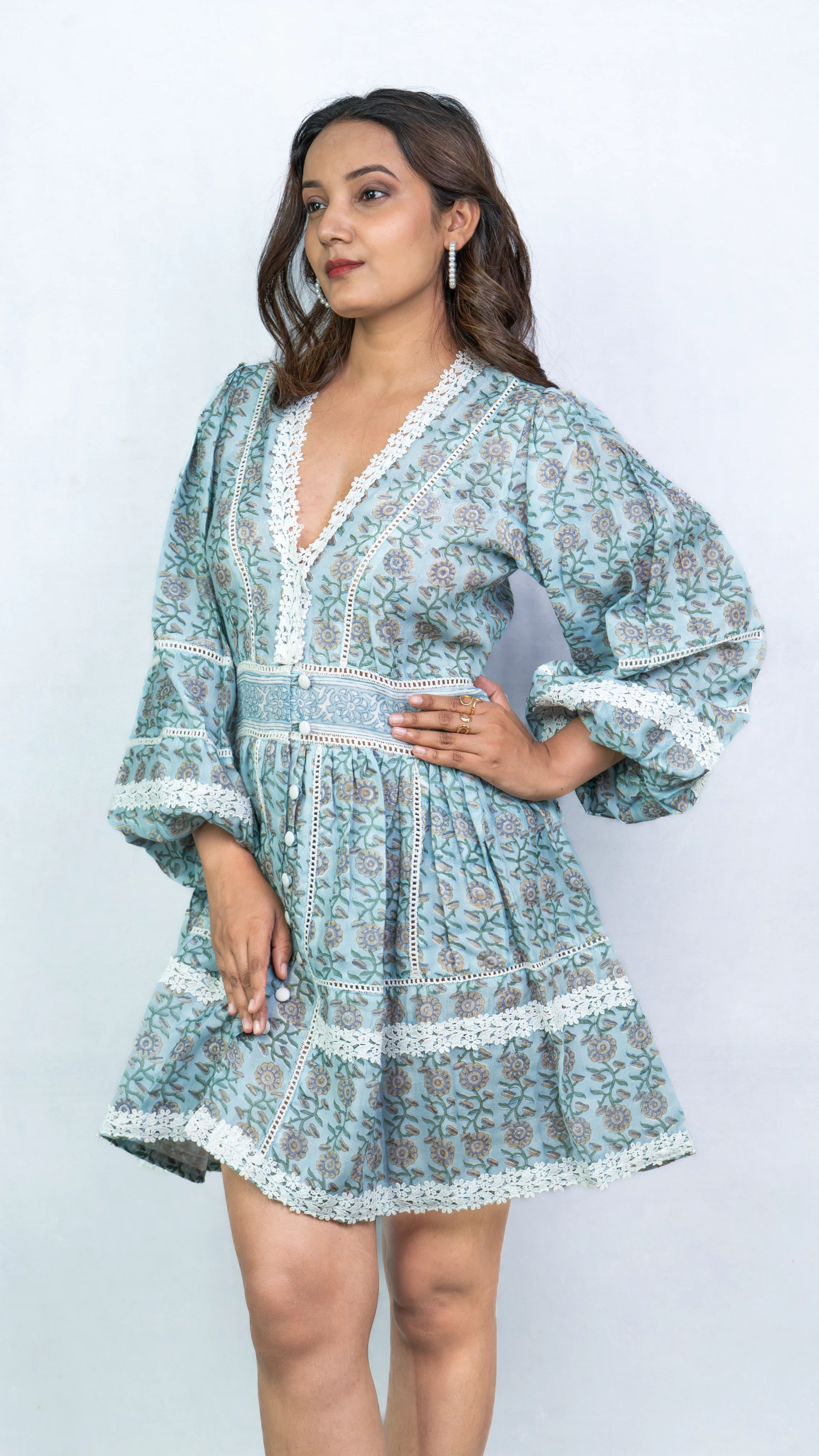 Teal Floral Printed Lace Bordered Mini Dress