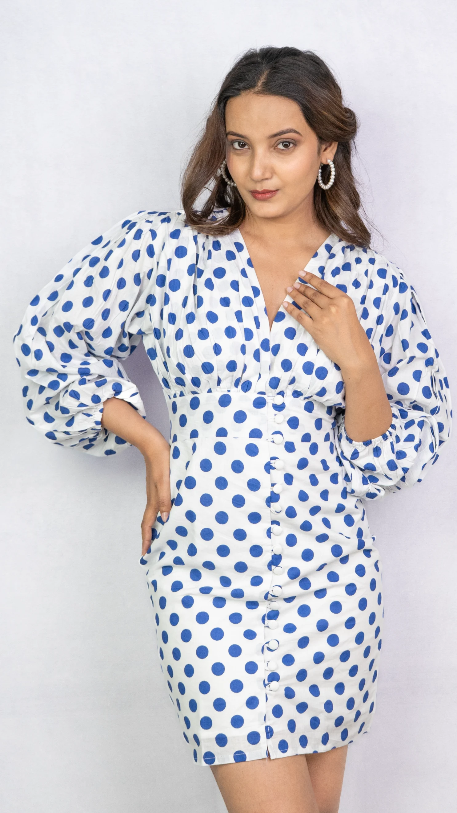 Polka Dot Print Puff Sleeve Fit & Flare Dress.