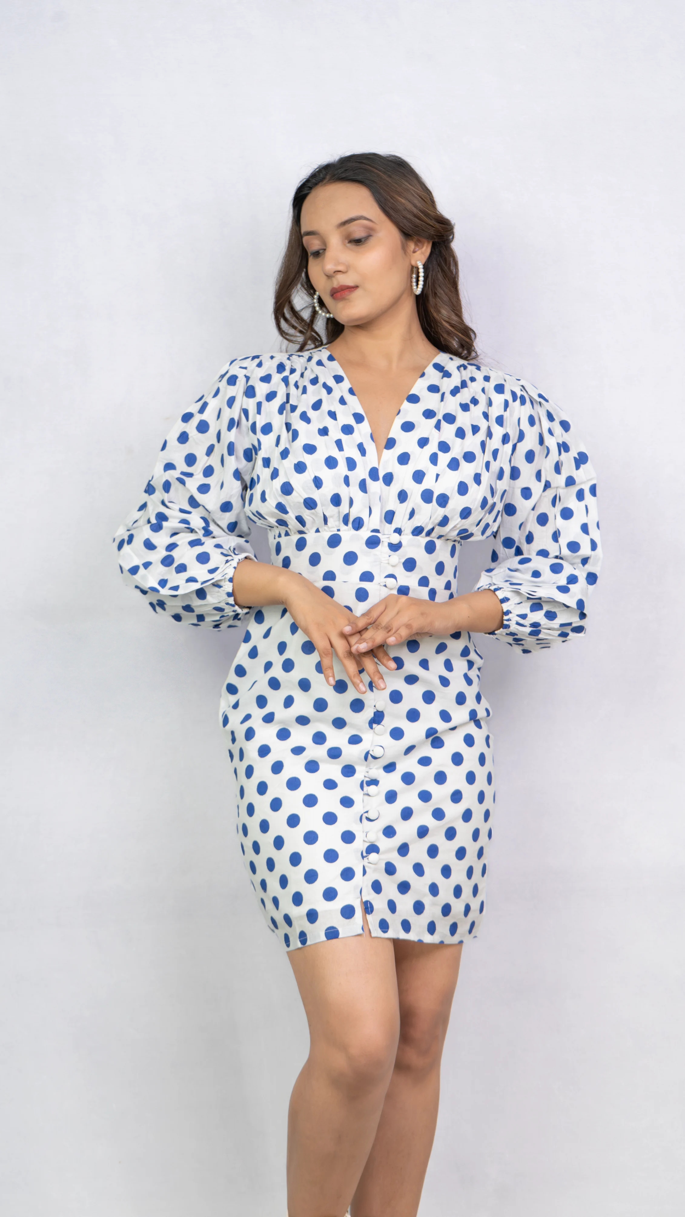 Polka Dot Print Puff Sleeve Fit & Flare Dress.
