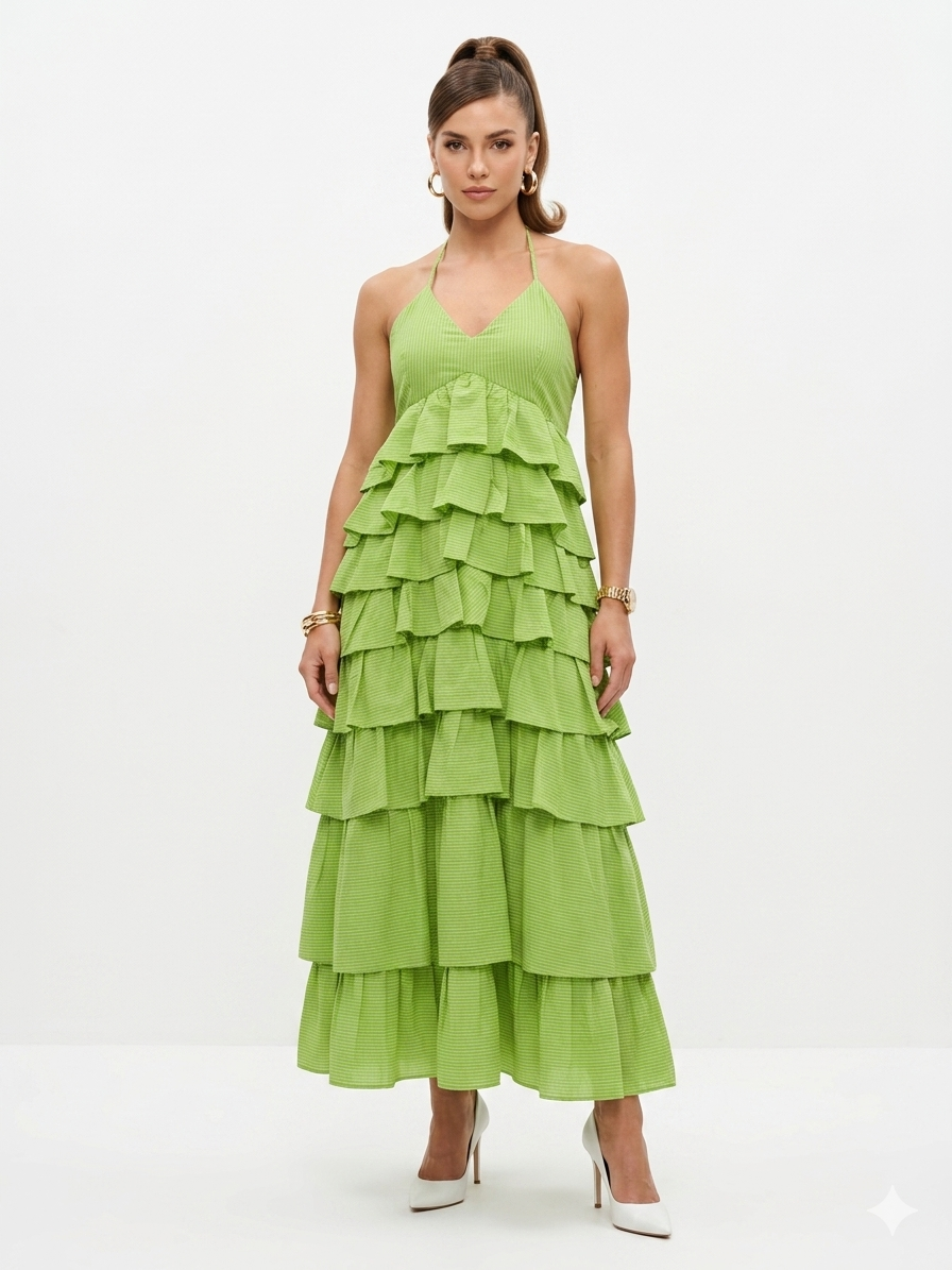 Lime Green Tiered Maxi Dress with Katha Embroidery