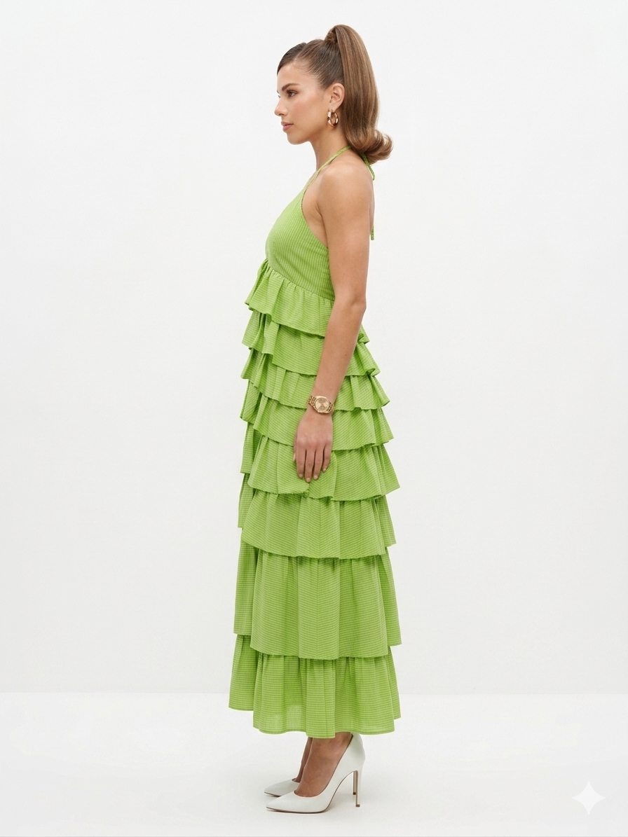Lime Green Tiered Maxi Dress with Katha Embroidery