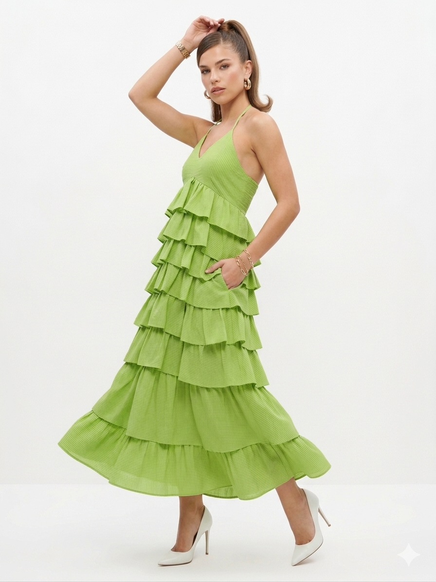 lime green tiered dress ZAPAKA Women Light Green Bridesmaid Dress A-Line Tiered Chiffon Corset Long Wedding Guest Dress, Light Green / US4 main image 1