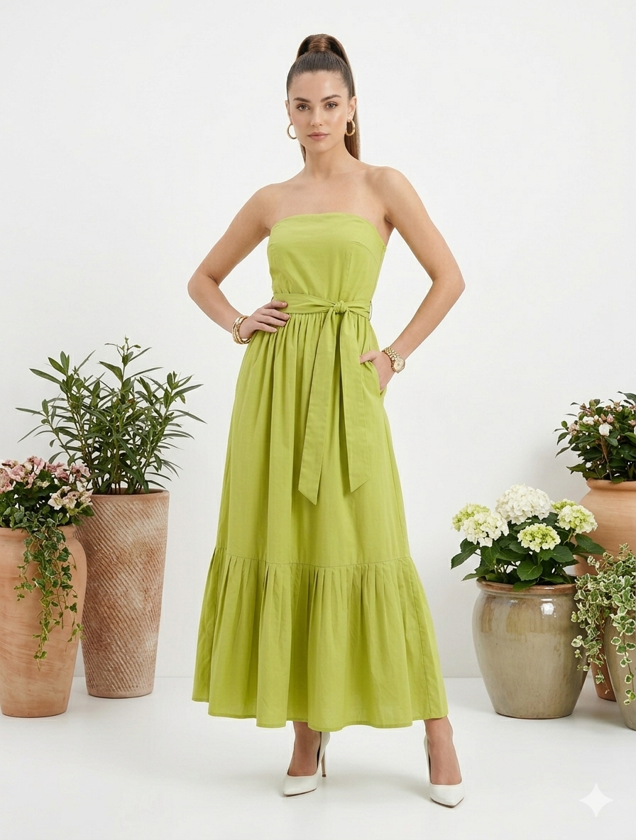 Lime Green Strapless Tie-Up Maxi Dress