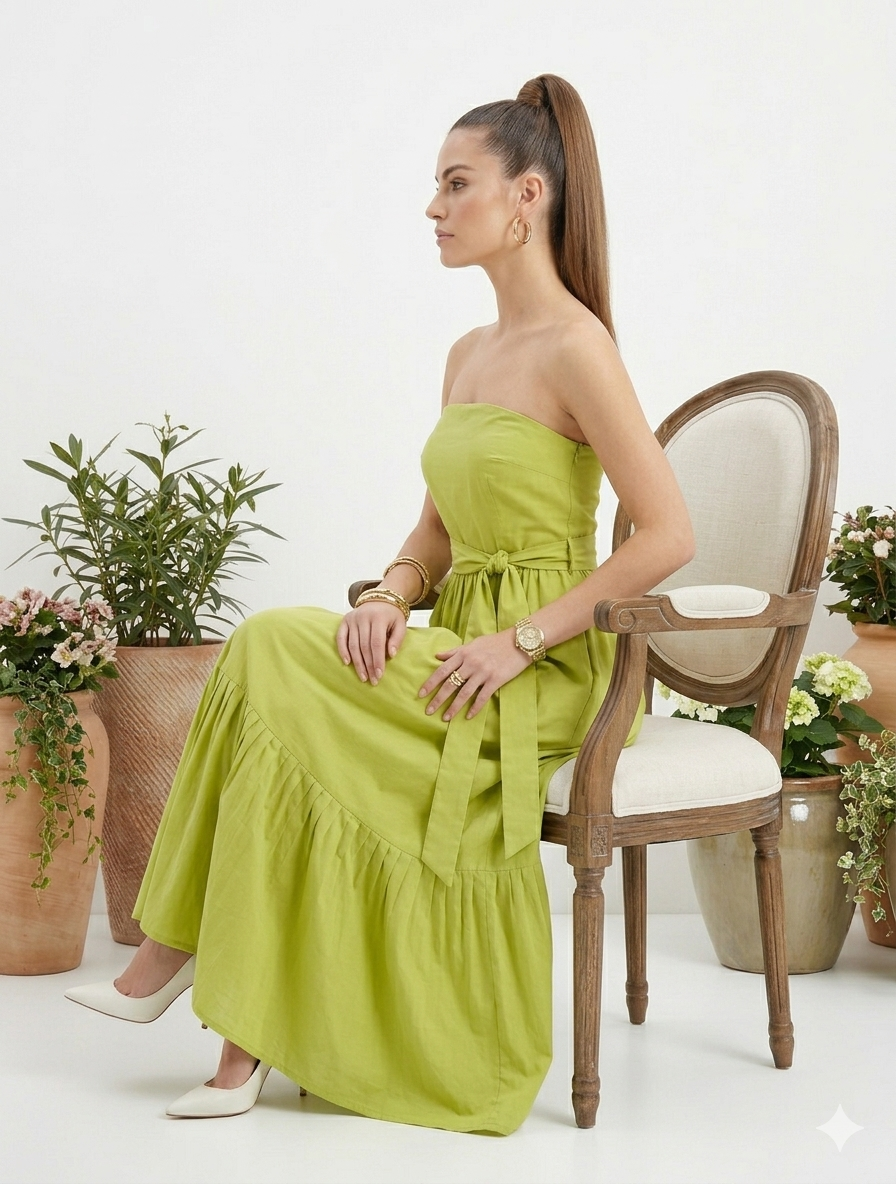 Lime Green Strapless Tie-Up Maxi Dress